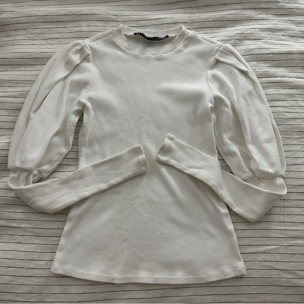 Veronica Beard Lyon Top White Ribbed Puff Long Sleeve Top - Picture 6 of 11
